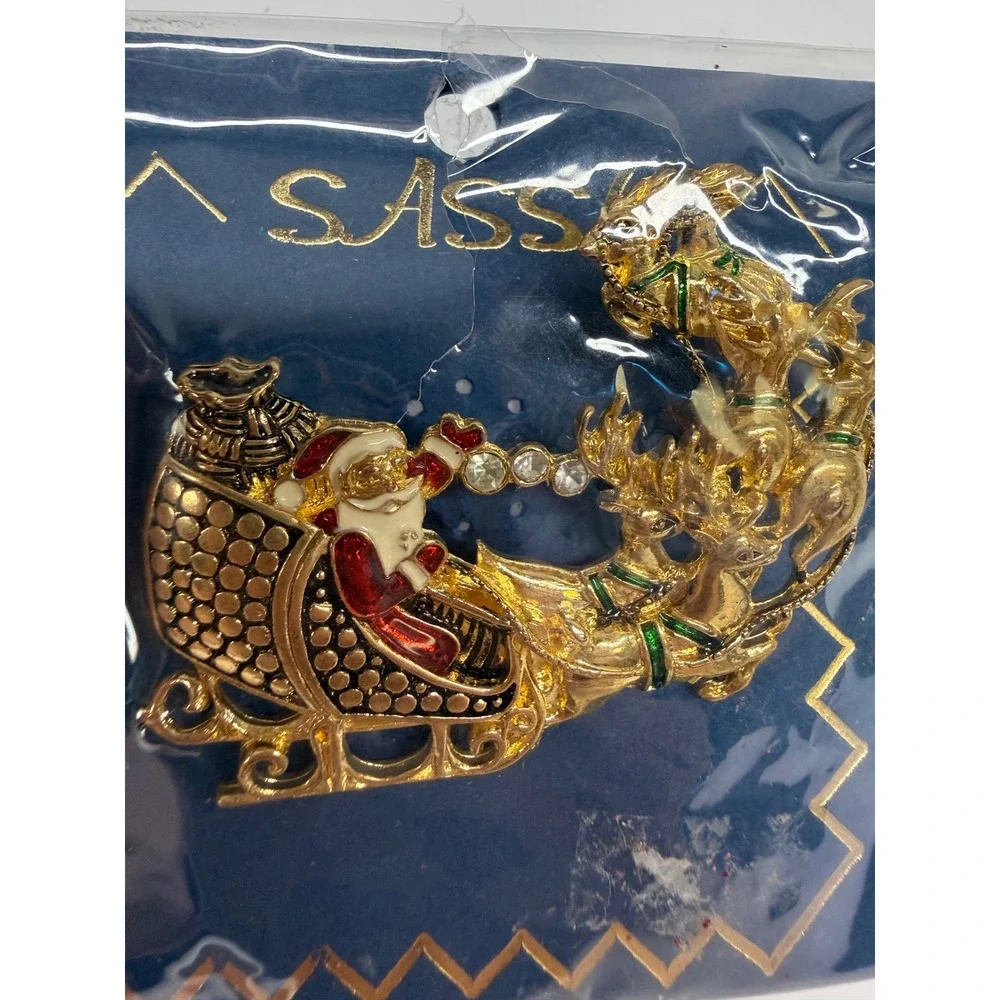 Sassy Santa Sleigh Reindeer Christmas Brooch Gold Tone Enamel Rhinestone Pin NEW